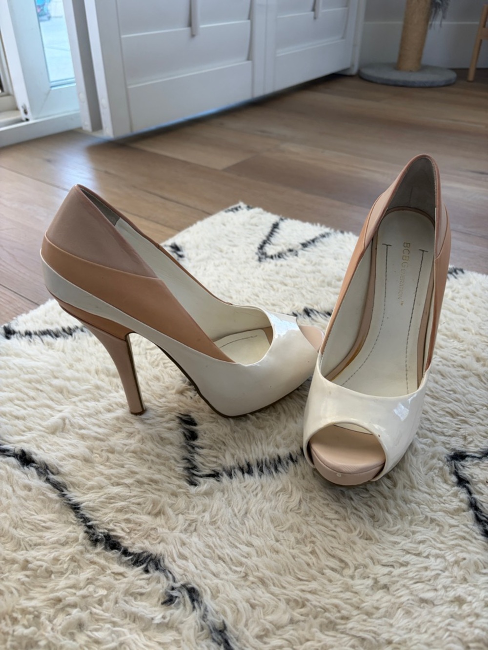 BCBGMaxAzria Cream and Blush Peep-Toe Platform Pumps